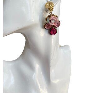 Vintage Gold Tone Pink Dangle Porcelain Flower Earrings Women’s Clip On 1950s